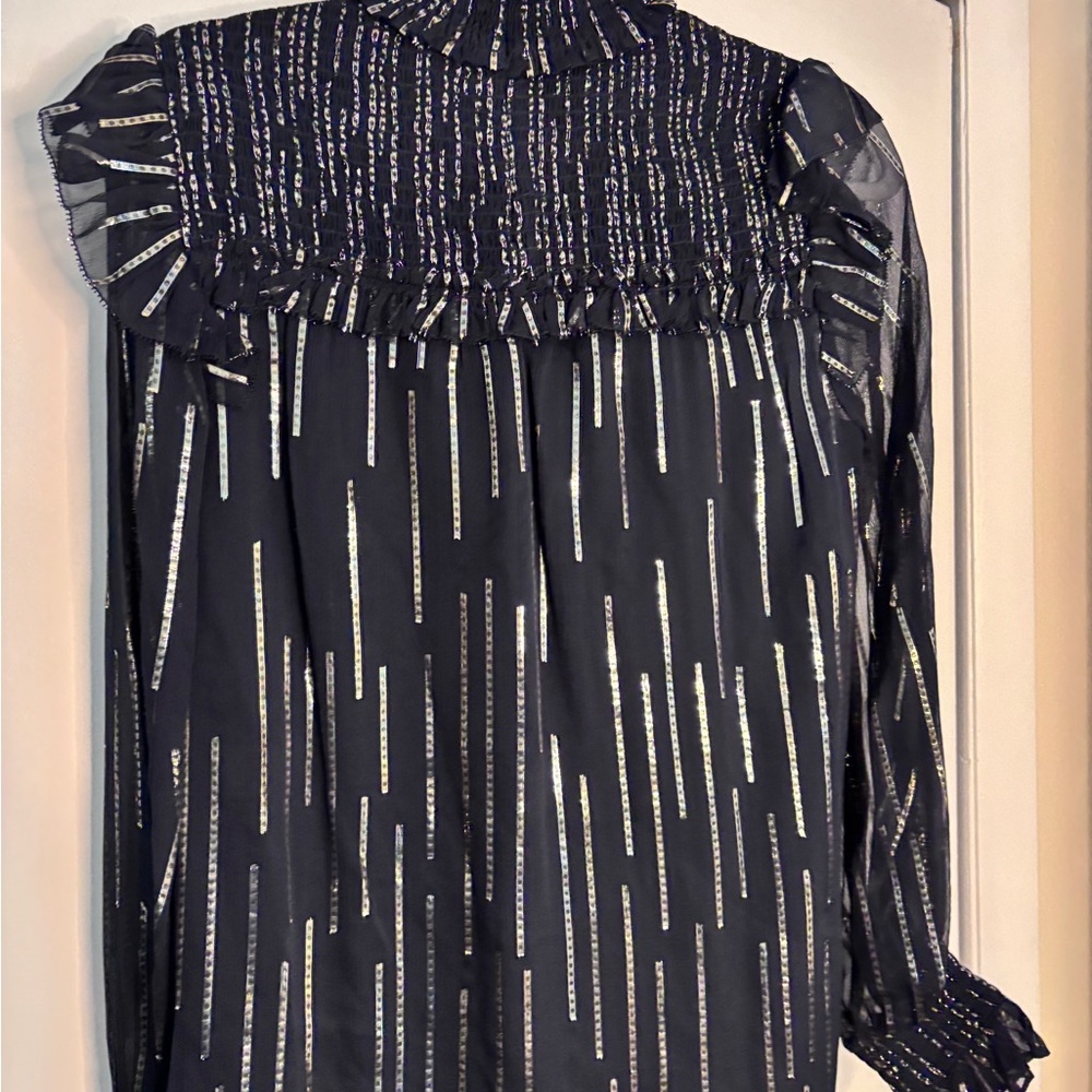 Elie Tahari Black & Gold 🐝 metallic ribbon bib Blouse - Picture 5 of 13